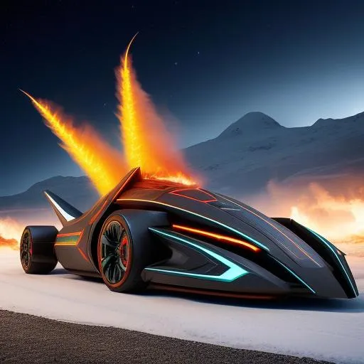 Prompt: Futuristic hyper Batmobile on fire and ice sharp cosmic speed burning flames burst