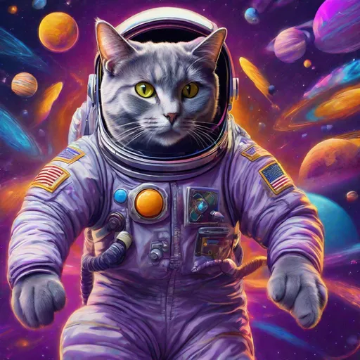 Prompt: Psychedelic concept art of a gray cat in a space suit with "Ricky" Written on the name tag. Floating through empty space chasing butter. Exquisite Detail Everything is perfectly to scale, HD, UHD, 8k Resolution, Vibrant Colorful Award winning Image with a purple color scheme