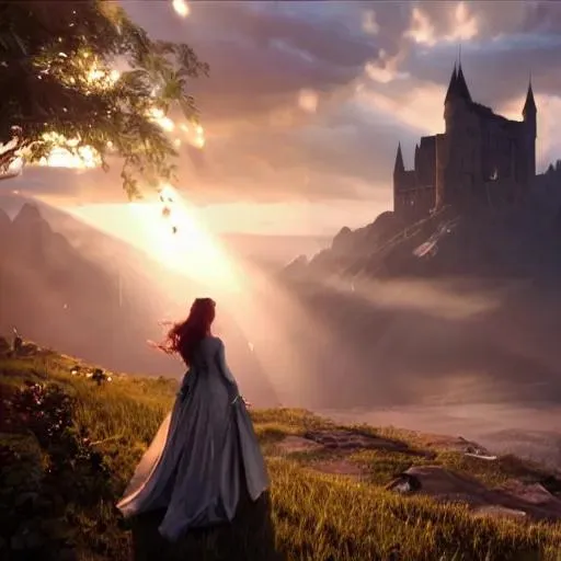 Prompt: An elegant photorealistic woman in a wedding princess gown in the lord of the rings,  scenery landscape, looking at an old stone castle, sunrise, god's rays highly detailes, vivid color, cinematic lighting, perfect composition, 8 k, gustave dore, derek zabrocki, greg rutkowski, belsinski, octane render