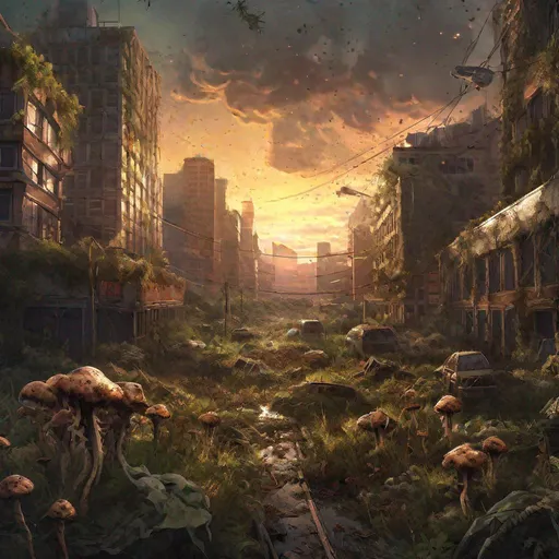 Prompt: post-apocalyptical nightmare cityscape, the last of us, mutated fungi spreading like an infection on the land, trending on Artstation, hypermaximalist, highly detailed and intricately designed, digital painting, golden hour, perfect composition, aspect ratio 3:2, overgrown