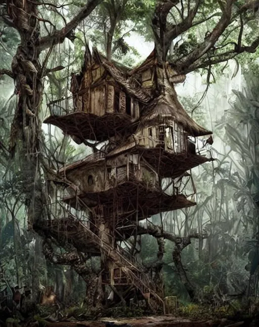Prompt: an big old, lost, run down and abandoned jungle tree house. It is at lakeside in a jungle with lights off. Fantasy art style like dungeons and dragons