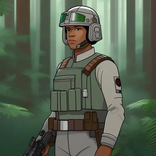 Prompt: Whole body. Full figure. Star wars rebel alliance soldier. Green gray uniform. he wears a rebel scout helmet. In background a deep forest. Rpg art. Star wars art. 2d art. 2d. Well draw face. Detailed. 