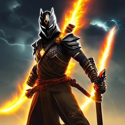 Prompt: sci-fi armoured ninja god son of ares yellow electric aura wielding fire katana standing on mountain about to attack with dark lightning