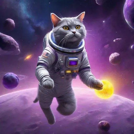 Prompt: Brilliant Striking concept art of a gray cat in a space suit named Ricky. Floating through empty space chasing butter. Exquisite Detail Everything is perfectly to scale, HD, UHD, 8k Resolution, Vibrant Colorful Award winning Image with a purple color scheme