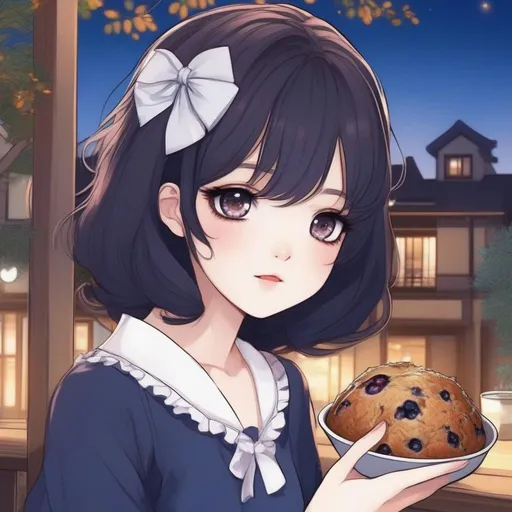 Prompt:   anime girl manhwa style cute and pretty, with eye pretty detailed,  ate blueberry bread , with black hair, 