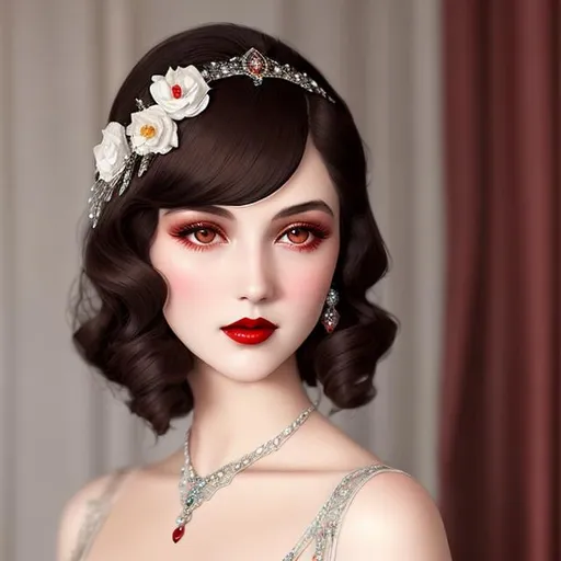 Prompt: Ethereal fantasy,  a beautiful 1920's high class young aristocrat female with dark brown eyes perfect cherry red lips wearing a very beautiful formal gown