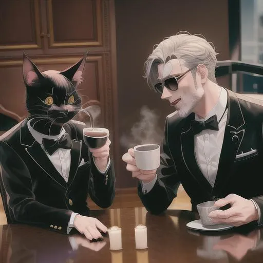 Prompt: A demonic cat and a actor acting as a funny man. The demonic black cat wearing a checkered vest is drinking coffee at table. the funny man dressed ridiculously is taking with the black cat. ultra wide