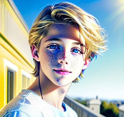 Prompt: Hyperrealistic Hyperrealism front view of face (headshot) (straight forward view) facing camera Beautiful young teen boy, (kid cole sprouse)+++ blond boy, straight hair, happy eyes, innocent, boy model, 16 years old, pretty, cute, freckles, cinematic lighting, blue sky, bright colors, blue, green, yellow, white,  luminous, hyperdetailed, great composition, professional, artstation award