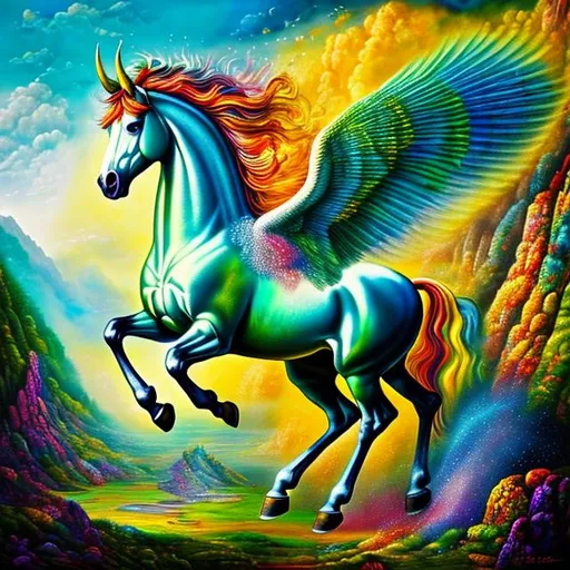 Prompt: mythical vibrant colourful Pegasus, colourful wings, A medium-sized male quadruped, in his late adolescence, is depicted in this artwork, showcasing an extraordinary level of detail. The painting, executed in fine oil, is a true masterpiece, with meticulously crafted elements throughout. The background is intricately rendered, providing a rich and immersive setting. The character itself is portrayed in ultra-high definition (UHD), allowing for an unparalleled level of visual clarity and detail.

The quadruped possesses wind powers, which are visually represented by his voluminous billowing fur, resplendent in shades of white-gold. The fur is adorned with glistening gold hairs and speckled with sapphire crystals, adding a touch of enchantment to his appearance. His long, sky-blue ears stand out prominently, complementing his vivid magenta-pink eyes that exude confidence and boldness.

Every aspect of his face, including the eyes and fur, is rendered with astonishing detail, capturing the intricacies and textures with precision. He embodies the essence of a majestic wolf prince, exhibiting a playful demeanour reminiscent of a fox and an energetic spirit akin to a deer.

The character is depicted in a fantasy garden, bravely standing against a violent windstorm. His beautiful long hair and fur flutter and rustle in the gale, emanating magical colours that add to the ethereal atmosphere. A halo of auroras surrounds him, casting a radiant glow, while a tilted halo above accentuates his regal presence.

The scene unfolds atop a breathtakingly tall mountain peak, where the pink twilight sky sets the stage for this captivating portrayal.
