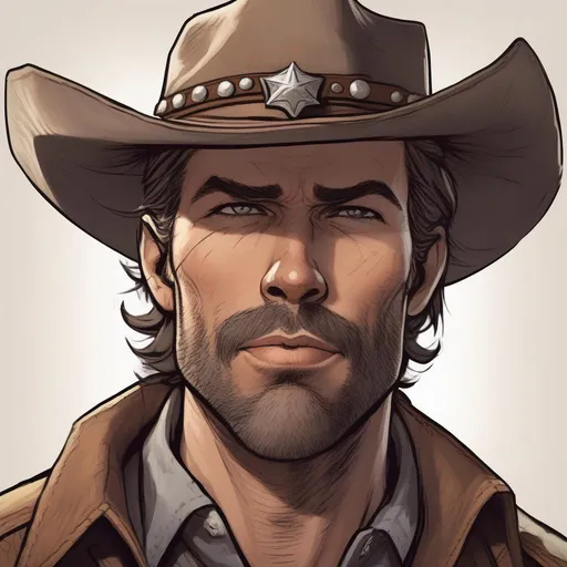 Prompt: dnd A male cowboy sheriff with short brown hair with grey streaks and dark stubble wild west