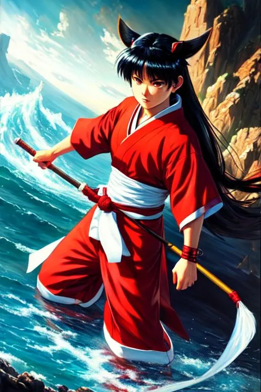 Prompt: UHD, hd , 8k,  oil painting, hyper realism,  Very detailed, comic book character, zoomed out view,  full body of character in view,  inuyasha character