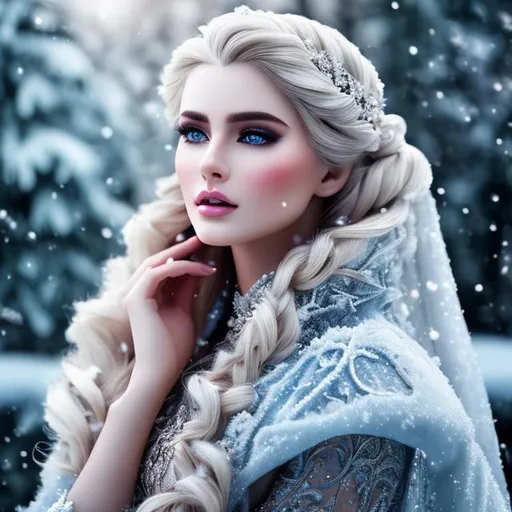 Prompt: create hig quality photograph of  beautiful fictional female winter princes during snow storm, extremely detailed face, extremely detailed environment, extremely detailed background, intricate, extremely detailed skin, natural colors , professionally color graded, photorealism, 8k, realistic, moody lighting, ambience