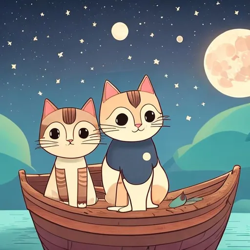Prompt: two cute and mild cartoon cats sit on the wooden boat and look at the moon