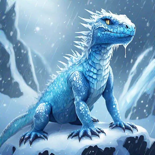 Prompt: (in dripping art style) Snow-on-Scales, A fur-less, cold-blooded reptile with icy blue eyes that comes from the frozen, far-north, and in-all-likelihood legendary continent of Atmora? Bah. I refuse to believe it., dripping ice fire, Masterpiece, Best Quality 