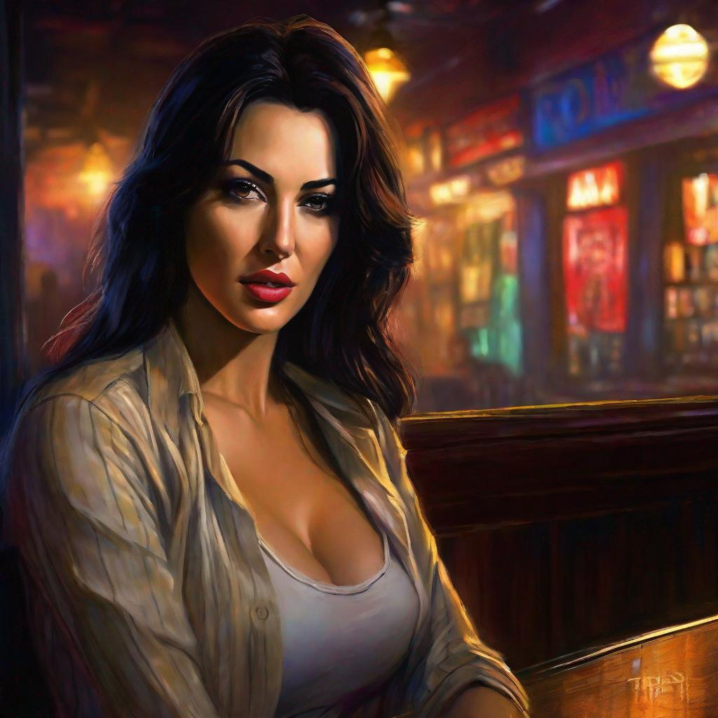 digital painting character portrait young Monica Bellucci barely any clothing muted sleazy dive 