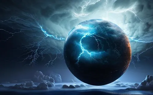 Prompt: Detailed 3D Blue Lightening with Storm clouds inside a sphere, intricate details, hyperdetailed, hyperrealistic,  HD, CG, Night sky with Moon