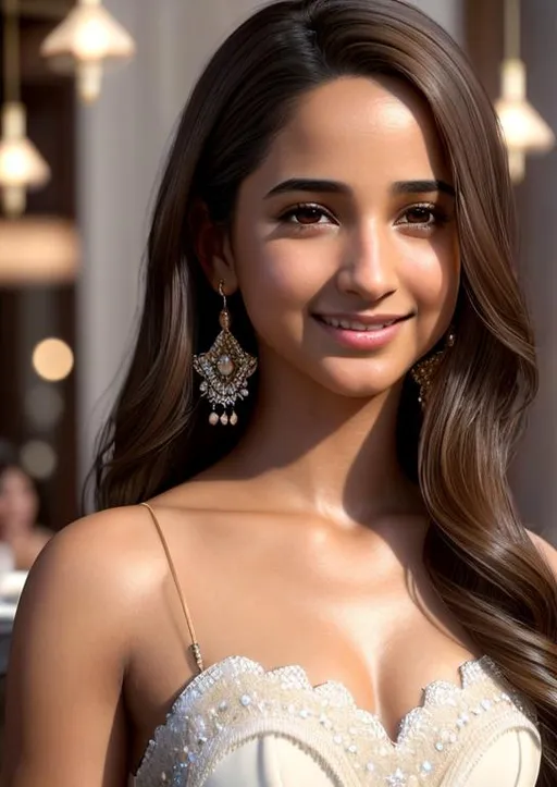 Prompt: best quality, realistic, masterpiece, an extremely delicate and beautiful, CG, extremely detailed , highres, extremely detailed, restaurant background, Naomi Scott, beautiful detailed girl, realistic, dress, beautiful detailed brown eyes, light on face, cinematic lighting, brown long hair, eye contact, brown skin, smile, slim body, teeth