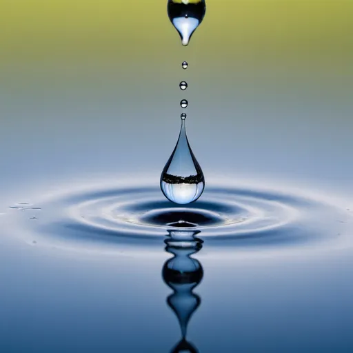 Prompt: A water drop caught in midstream and mellow reflection captured in droplet