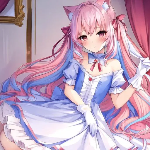 Prompt: a boy with feminine features, castle bedroom, dress, multi-colored gradient hair, (pink hair|blue hair:1.5) sparkling red eyes, blushing, satin gloves, (male, solo:1.4), femboy, girly boy, hair ribbons, princess dress, cat ears, portrait