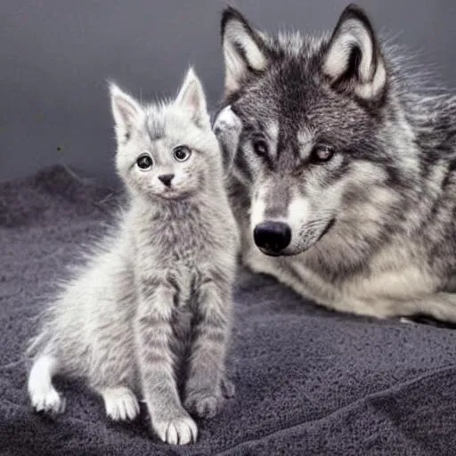 A Little Gray Kitten And A Wolf Openart