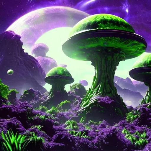 Prompt: Alien planet with a spaceship in space with alien plants that are purple and green. There are aliens everywhere.