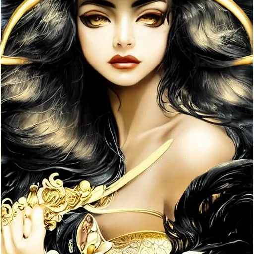 Prompt: Drawing of a {dark goddess} with {horns}, {gold tints} and with a cute face, {laying down in the Ocean}, perfect proportions, perfect eyes, composition, hyperrealistic, super detailed, high quality, sharp focus, painting, intricate details, highly detailed, style tsutomu nihei and gustaf Klimt 