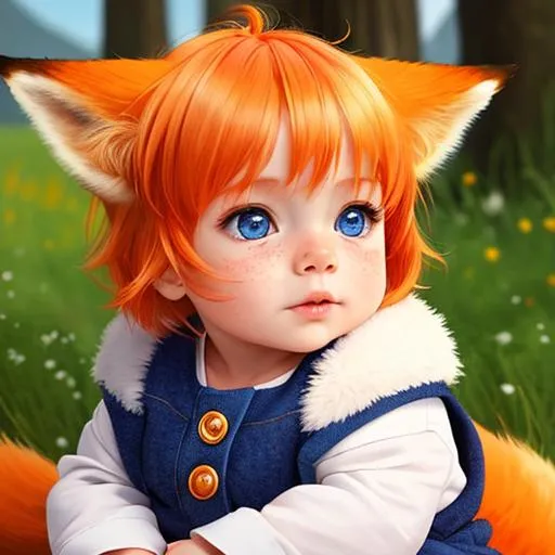 Prompt: full body, child, beautiful, blue eyes, child 2 years old, orange hair, fox ears, full lips, fox tail, freckles, 4K, 16K, highly realistic, extremely detailed, photo realistic, photo quality, full boddy, nature in background