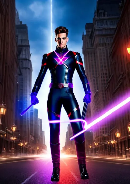 Prompt: High-resolution hyperrealistic photo of x-man remy lebeau merged with x-man scott summers, {red glowing eyes}, fighting staff, black and purple costume, leather coat, tall boots, uhd, hdr, 64k