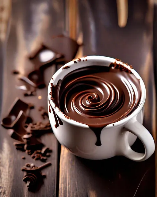 Prompt: Wisps of rich chocolate ganache curl and swirl elegantly within a white ceramic mug placed on a rustic wooden table. The glossy chocolate tones are picked out by shards of warm sunlight streaming in a nearby window. Tiny chocolate shavings are artfully scattered around the mug's edge. Photographed from above using natural lighting and a Nikon D3500 with a 50mm lens for an intimate, tempting food portrait with chocolatey shadows. In the decadent style of Coco Chang.