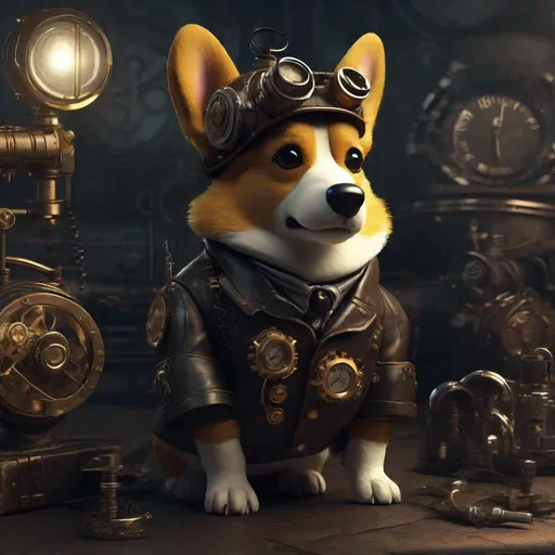 Prompt: steampunk corgi in a dark moody environment, 4k realistic, detailed