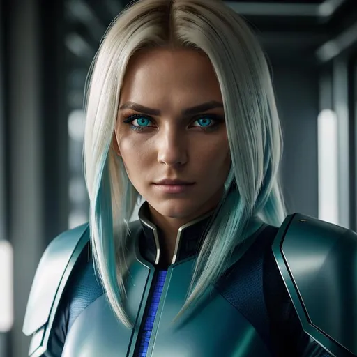 Prompt: Psyker, perfect composition, {25 year old}, lean tan skinned {German woman}, wearing futuristic {blue future tech robes}, {long blonde and blue hair}, {green eyes}, peak fitness, determined expression, confident smirk, looking at viewer, 8k eyes, detailed symmetrical face, real, alive, real skin textures, 8k, cinematic volumetric light, proportional, sharp focus, studio photo, intricate details,