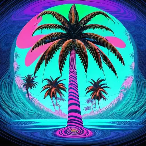 Prompt: 1 coconut tree, divided，Hypnotic illustration of {object}, hypnotic psychedelic art by Dan Mumford, pop surrealism, dark glow neon paint, mystical, Behance