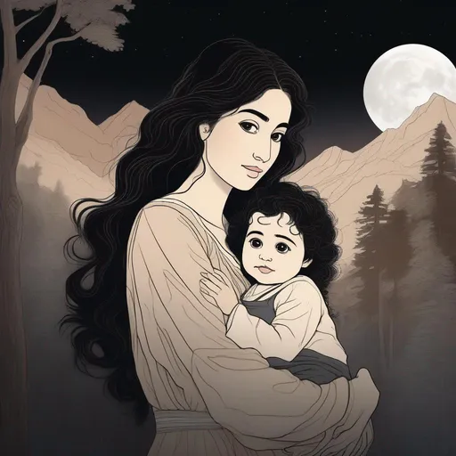 Prompt: highest quality anime art masterpiece, digital drawing, Azerbaijani woman with long black thick wavy messy hair:vistani, carrying a child in her arms, round face, broad cheeks, sad in a forest on a dark foggy night, big brown eyes, tanned skin:2, waxing moon, huge long wide broad hooked greek aquiline algerian oriental arabic nose, flat chest, ethereal, jewelry set, highres, realistic, highly detailed, fantasy, gypsy, roma, D&D, Ravenloft, by Ilya Kuvshinov