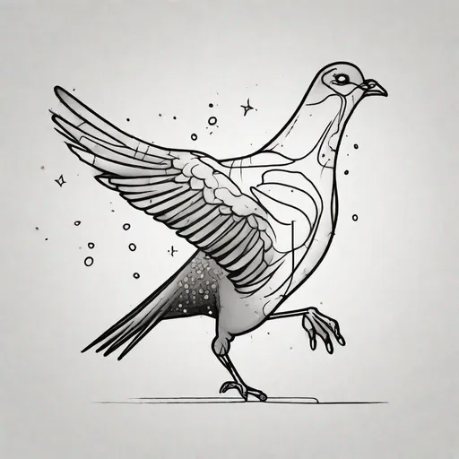 Prompt: handpoke tattoo design of a funny pigeon running, sparkly eyes, cartoon, fine black ink, continuous line, caricature, simplistic, minimalist