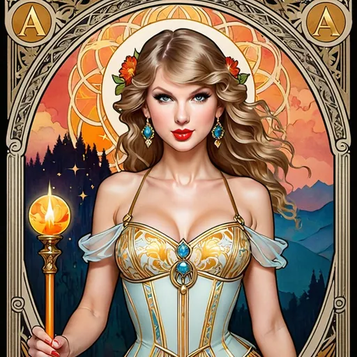 Prompt: Taylor Swift as Ace of Wands Rider-Waite Tarot card by Alphonse Mucha