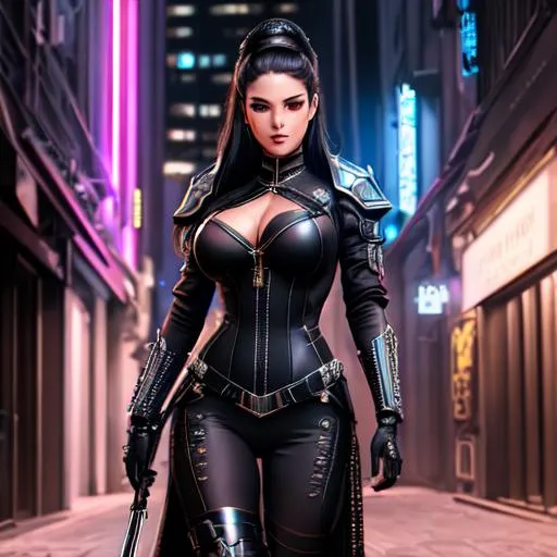 Prompt: hyperrealistic and detailed full-length portrait of gorgeous woman| black combat uniform| in dark neon alley| ((cyberpunk))| full body shot| photorealistic| sharp focus| digital art| concept art| by Vittorio Matteo Corcos and Albert Lynch| in ]Giger-style Steampunk City, finely detailed, intricate design, beautiful light, cinematic lighting, 4k, hyperrealistic, focused, unreal engine 5, cinematic, masterpiece, post-processing, 8k resolution, ultra-detailed --ar 9:16, nightfall