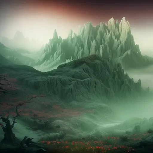Prompt: Persephone concept landscape in vintage with a foggy vibe makes it black green
