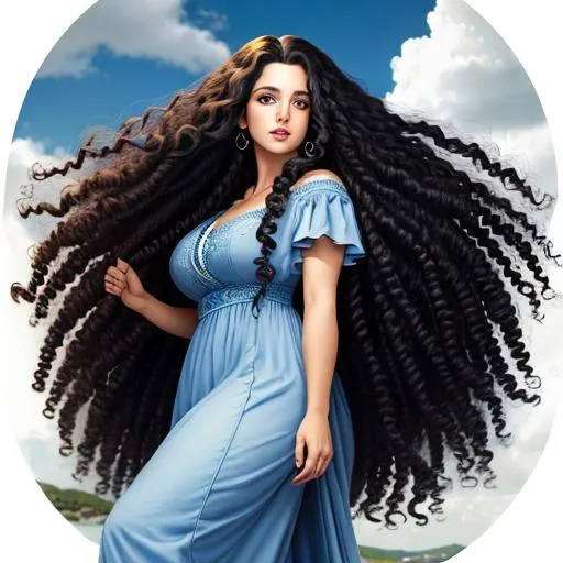 Prompt: a woman with long curly hair by Mark Summers.  +symmetrical eyes, +fine lines, +eyes, +mouth, +hands, +feet,
+long modest dress, 
+weather and clouds,
+HDR, +8k, +UHD, 
+Ensure good overall design,
+Ensure good overall composition,
+Ensure good proportions,