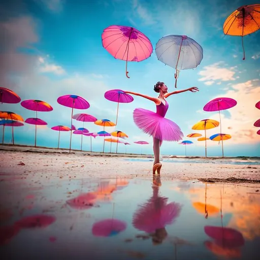 Prompt: ballerina dancing on the beach with coloured umbrellas floating in the sky