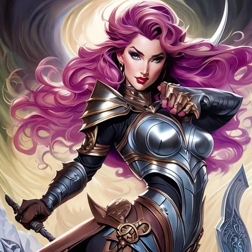 Prompt: full body pinup of a  female dungeons and dragons paladin with wild hair and with beautiful face, perfect composition,, by j. scott campbell and boris vallejo and alex ross,  graffiti art, splash art, street art, spray paint, oil gouache melting, acrylic, high contrast, colorful polychromatic, ultra detailed, ultra quality, CGSociety, depth of field, 3d render, unreal engine 5