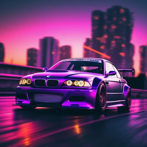 Prompt: 2001 BMW M3 E46 GTR, synthwave, aesthetic cyberpunk, miami, highway, dusk, neon lights, coastal highway, dusk, neon lights, coastal highway, sunset, drift, nurburgring