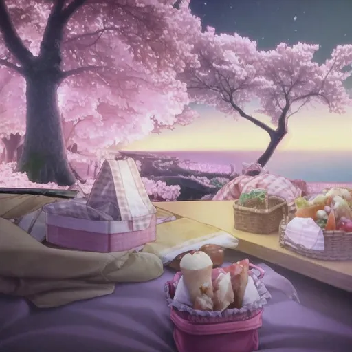 Prompt: Picnic food in cherry blossom forest near the ocean above the northern lights