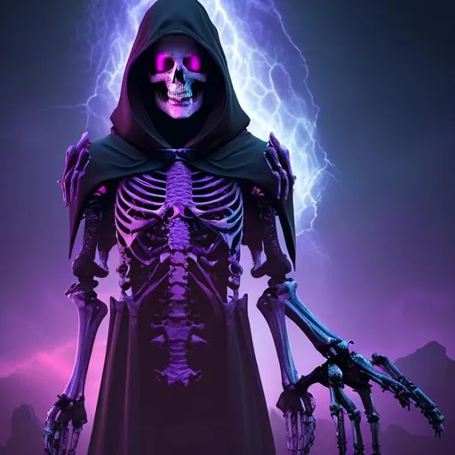 Prompt: Necromancer half human half skeleton, Black cloak hoodie, Purple and blue light sky, Very detailet,8K, Detail,