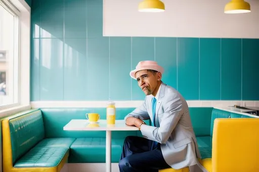 Prompt: Barack Obama, wearing pastel yellow suit and a pastel blue hat,  sitting in a cafe, bright high key lighting, soft white walls with ceramic tiles, matte finish, diner kitchen in the background, film grain, cinematic frame, shallow depth of field