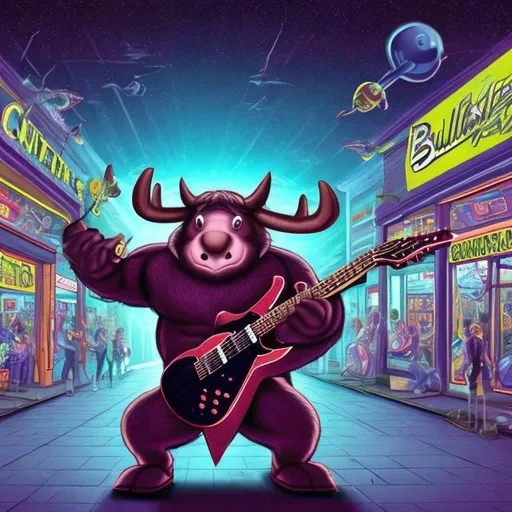 Prompt: Bodybuilding Bullwinkle Moose, playing guitar for tips in a busy alien mall, widescreen, infinity vanishing point, galaxy background