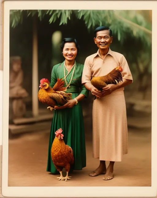 Prompt: A Javanese couple in 1940s holding a rooster.