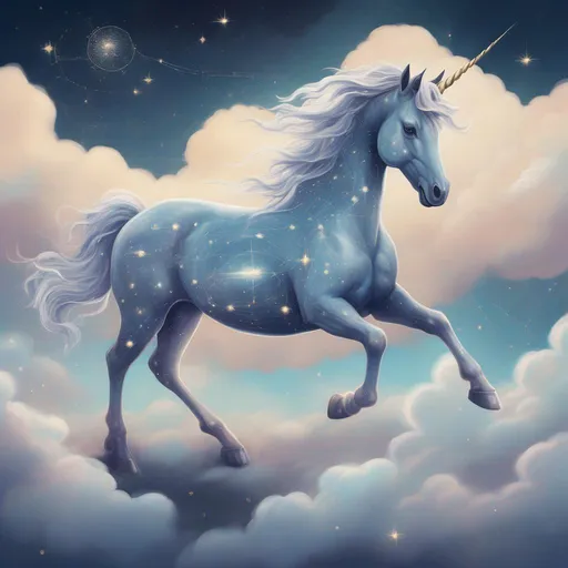 Prompt: A unicorn with constellations on its sides, walking in a field of clouds in a painted style