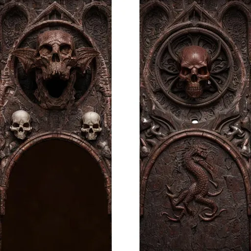Prompt: 2 Arch, left Arch has a demon  head, ans 2 skulls, right Arch has a carved red metal round part, has a dragon with Wings, extreme 3d rendering, 8k, uhd, maximum details,  seamless texture, realistic, seamless lighting, keep colors, video game texture,  Quake 3 arena texture for open arena