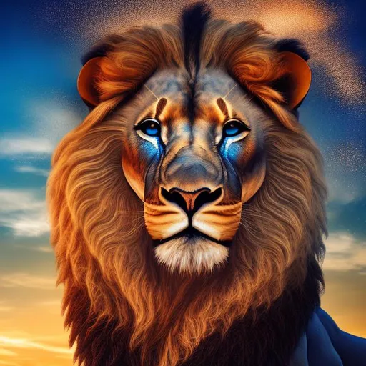 Prompt: Graceful Strength - Witness the mesmerizing beauty of a majestic ((Lion head And Blue)) skies. Lighting: Golden hour radiance blending with the blue hues. Mood: Regal and serene.
