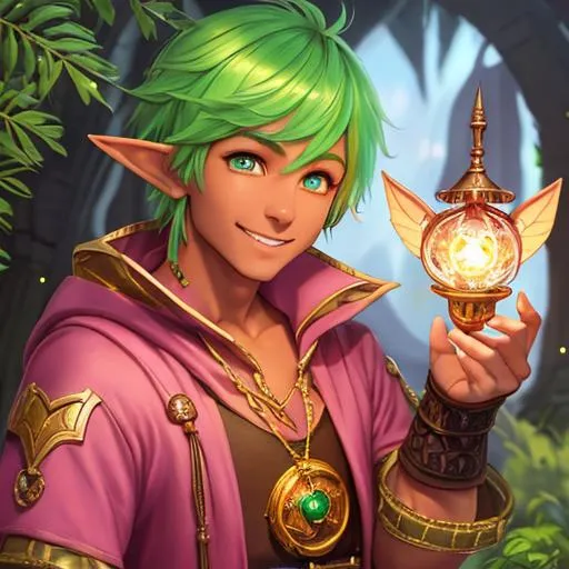Prompt: oil painting, D&D fantasy, tanned-skinned-gnome man, tanned-skinned-male, short, short bright green and pink hair, bangs hair, smiling, pointed ears, looking at the viewer, Wizard wearing intricate wizard outfit, #3238, UHD, hd , 8k eyes, detailed face, big anime dreamy eyes, 8k eyes, intricate details, insanely detailed, masterpiece, cinematic lighting, 8k, complementary colors, golden ratio, octane render, volumetric lighting, unreal 5, artwork, concept art, cover, top model, light on hair colorful glamourous hyperdetailed medieval city background, intricate hyperdetailed breathtaking colorful glamorous scenic view landscape, ultra-fine details, hyper-focused, deep colors, dramatic lighting, ambient lighting god rays, flowers, garden | by sakimi chan, artgerm, wlop, pixiv, tumblr, instagram, deviantart